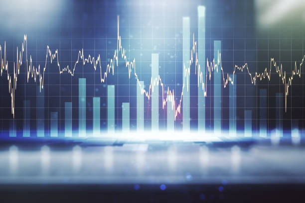Abstract virtual financial graph hologram on blurry modern office building background, forex and investment concept. Multiexposure