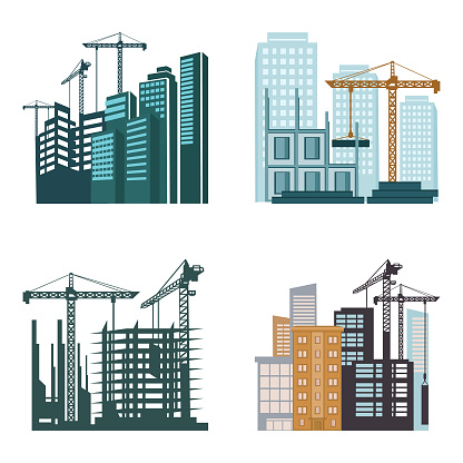 Construction cranes and building in the city. Vector illustration collection, flat design. Construction business and real estate concept.