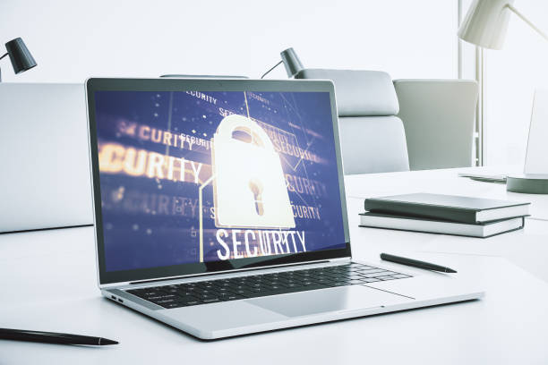 istock Computer monitor with creative light lock illustration and microcircuit, cyber security concept. 3D Rendering 2126852074