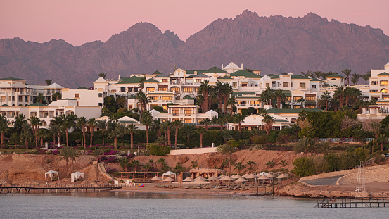 The resort town at dawn. The Sinai Mountains are in the background