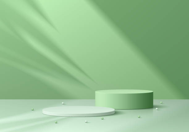 istock Realistic 3D green and white podium pedestal background set with natural light wall scene. Minimal scene mockup or product stage showcase, Banner cosmetic promotion display. Abstract vector platforms. 2126878573