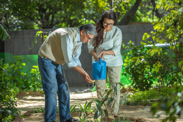 istock Happy retired elderly couple watering plants in backyard 2126886845