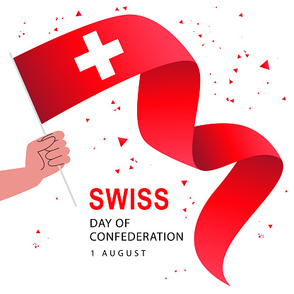 Festive red ribbon of the Swiss flag in the hand of a man. 1 August. Confederation Day in Switzerland. Federal holiday in honor of the founding of Switzerland. Vector illustration on a white background.