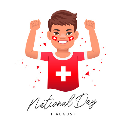 National holiday in honor of the founding of Switzerland. Smiling happy boy with Swiss flags painted on his cheeks. Confederation Day in Switzerland. August 1st. Vector illustration on a white background.