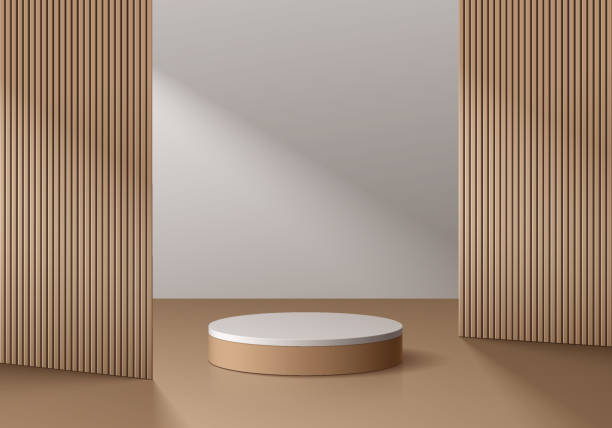 istock Realistic 3D white, wood brown cylinder podium background with vertical wood partition decorate. Wall minimal scene mockup products stage showcase, Banner promotion display. Vector abstract empty room 2126896619