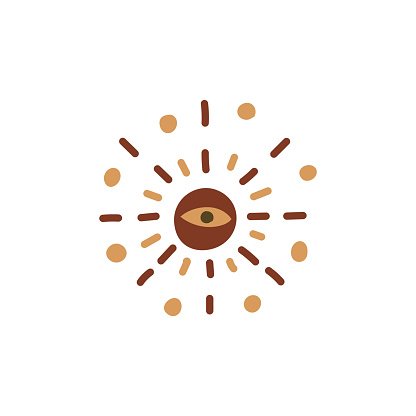 Vector illustration of a radiant eye symbol with decorative elements in earthy tones on a white background.