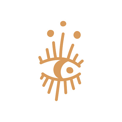 Stylized gold eye with lashes and dots vector illustration, depicting a mystical or esoteric symbol on a white background.