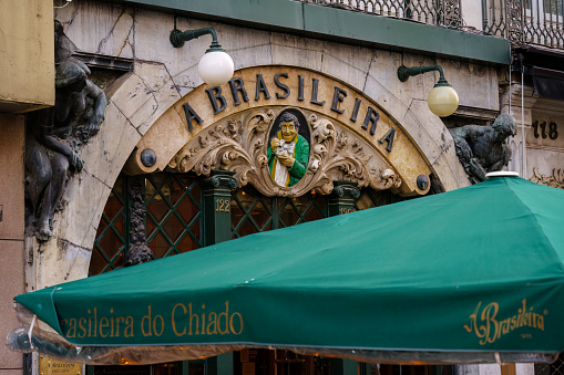 Artwork above the entrance to A brasileira do chiado, a famos cafe in Lisbon, Portugal. February 2, 2024.