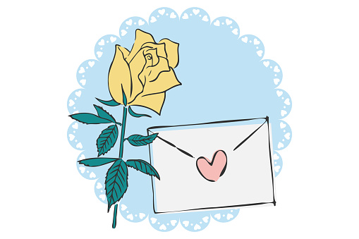 Illustration of a hand-drawn line drawing of a yellow rose and a letter.
