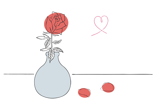 Hand-drawn illustration of a single red rose in a vase.