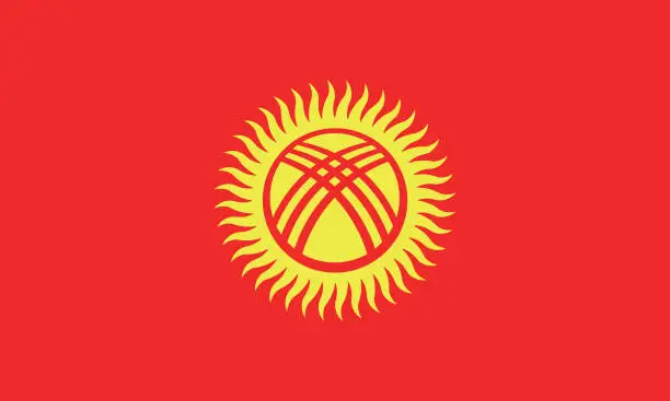 Vector illustration of Kyrgyzstan flag. Standard size. The official ratio. A rectangular flag. Standard color. Flag icon. Digital illustration. Computer illustration. Vector illustration.