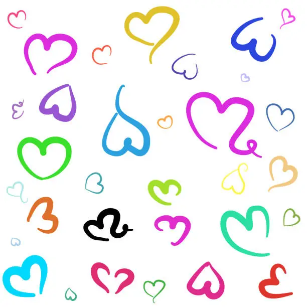 Vector illustration of cute doodle lines Heart shapes in various colors show love.