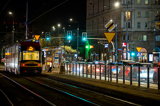 Warsaw, Poland - March 30, 2024: Night traffic in the city center.