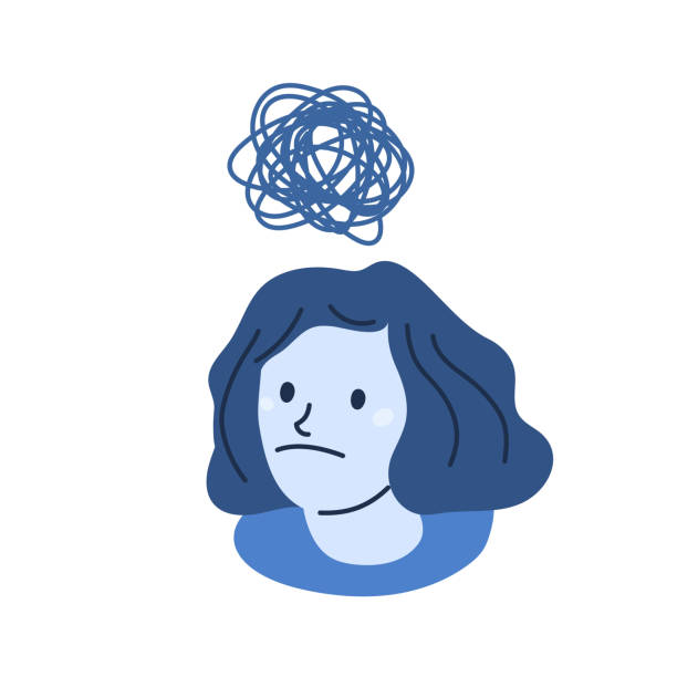 istock Concept of depression. Sad, unhappy woman with clouds and rain in her head. Flat vector illustration 2127034279