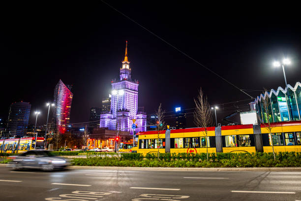 Warsaw, Poland - March 30, 2024: Night traffic in the city center.