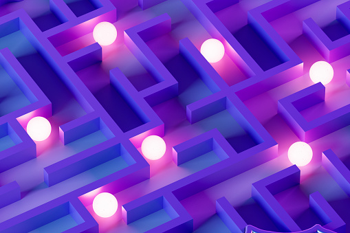 Labyrinth with neon balls, 3d render. Digitally generated image.