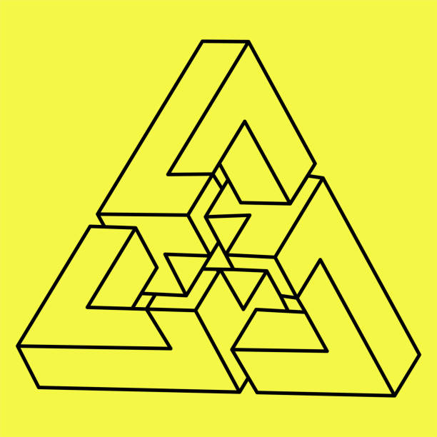 impossible shapes. sacred geometry triangle. optical illusion figure. abstract eternal geometric object. impossible endless outline. line art. op art. impossible geometry shape on a yellow background. - illusion triangle solution business stock illustrations