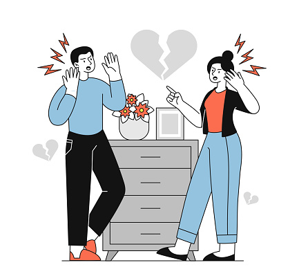 Family with quarrel linear. Man and woman scream at each others. Negatvie feelings and emotions. Family with divorce. Husband and wife, girlfriend and boyfriend. Doodle flat vector illustration