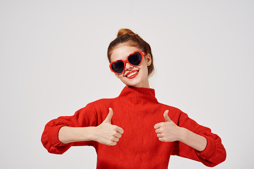 Silly. Young beautiful girl wearing digital eyewear and bright outfit. Contemporary colorful, conceptual creative collage. Modern design. Ideas, inspiration, diversity, fashion and emotions concept.