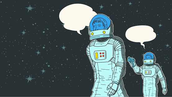 A retro pop art style vector illustration of two astronaut, one shocked by a truth one tried to kill the other. Wide space available for your copy. Perfect for a meme.