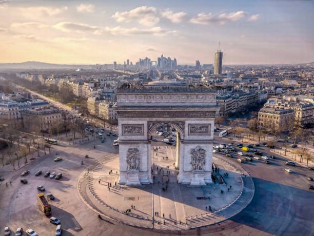 istock Arc de Triomphe aerial panorama with traffic at sunset 2127088443