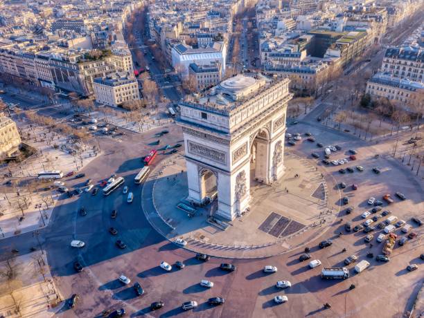 Arc de Triomphe aerial panorama with traffic at sunset