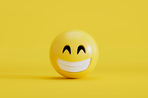 3d rendering of grinning emoji with smiley face on yellow background.