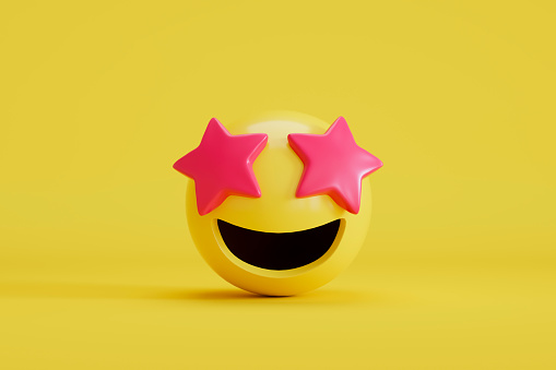 3d rendering of Emoji with star eyes on yellow background.