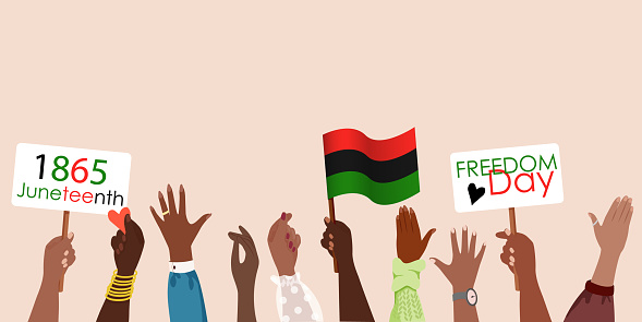 protests. Dark skinned hands raised up. June 19, 1865 - Freedom Day, slavery abolition, african american people emancipation, unequality protest. Flat vector