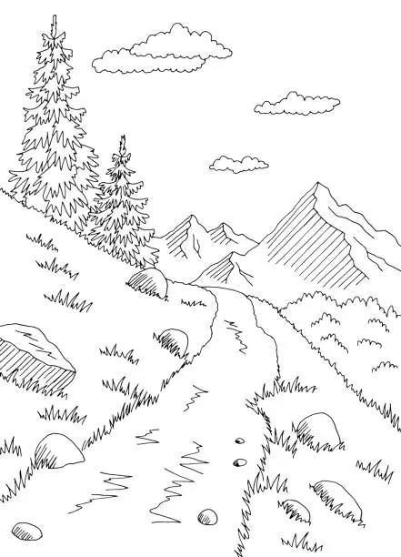 Vector illustration of Mountain road graphic black white vertical landscape sketch illustration vector