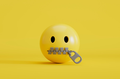 3d rendering of Emoji with zipper mouth face on yellow background.