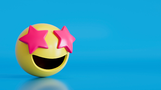 3d rendering of Emoji with star eyes on blue background.
