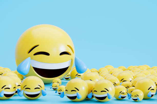 3d rendering of tears of joy emoji with smiley face on blue background.