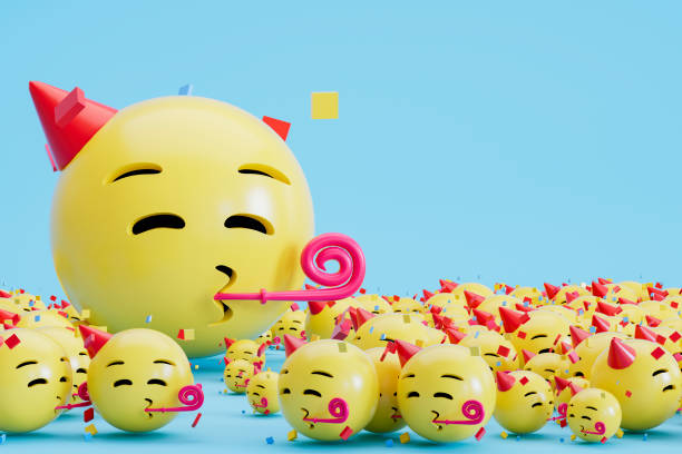 3d rendering of party emoji with celebrating face on blue background.
