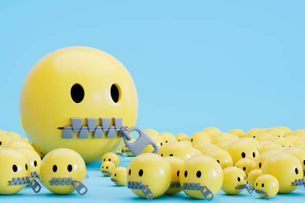3d rendering of Emoji with zipper mouth face on blue background.