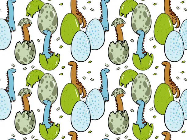 Vector illustration of small hatched dinosaur, eggs seamless pattern. baby cartoon diplodocus  isolated on white for children's illustrations, print on textile, wallpaper in children's room,  wrapping paper, package