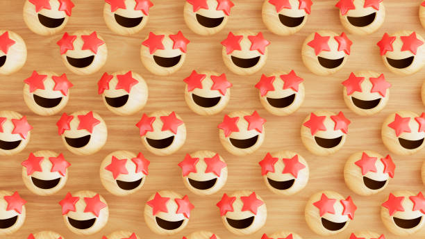3d rendering of wooden emoji with star eyes.