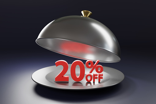 Red letters 20% oOFF on a plate under an open silver cloche in purple background. Illustration of the concept of big sale, product promotion and discounts