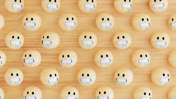 3d rendering of wooden emoji with frozen face.