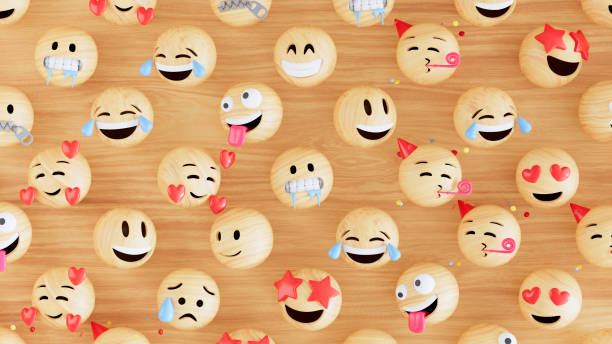 3d group of wooden emoji. Digitally generated image. 3d render.