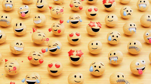 3d group of wooden emoji. Digitally generated image. 3d render.