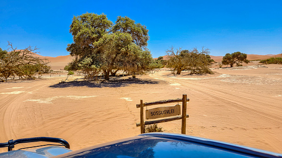 Desert safari outside Dubai, UAE. Adventure, extreme sports, tourist activities in the desert. Sport car driving on sand dunes. Orange golden sand in the desert.