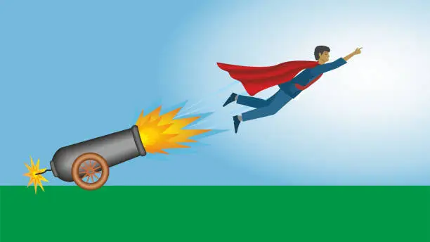 Vector illustration of Superhero,  flying out of cannon. Dimension 16:9. Vector illustration.
