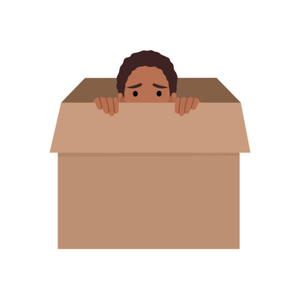 Woman hiding in a carton box. Woman hiding in a carton box. Flat vector illustration isolated on white background sad african child drawings stock illustrations