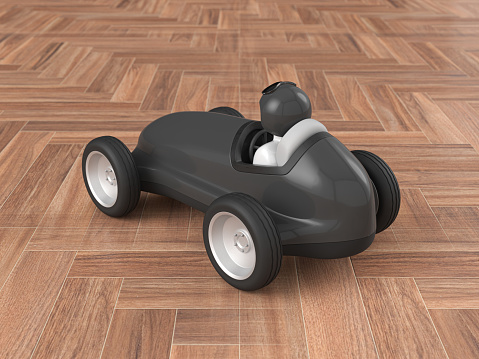 Toy car on a parquet floor. 3d illustration.
