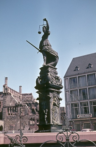 Frankfurt a. M. Hesse, Germany, 1956. The Fountain of Justice in Frankfurt am Main.