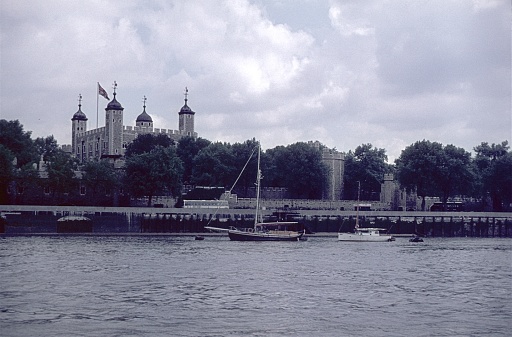 London, England, UK, 1972. The Tower of London seen from the River Thames.