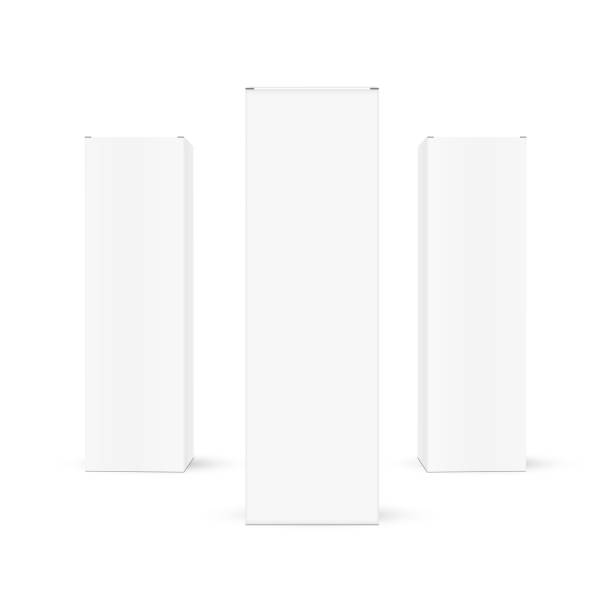 Three Tall Rectangular Packaging Boxes, Front View Three Tall Rectangular Packaging Boxes, Front View, Isolated On White Background. Vector Illustration cardboard box mockup stock illustrations