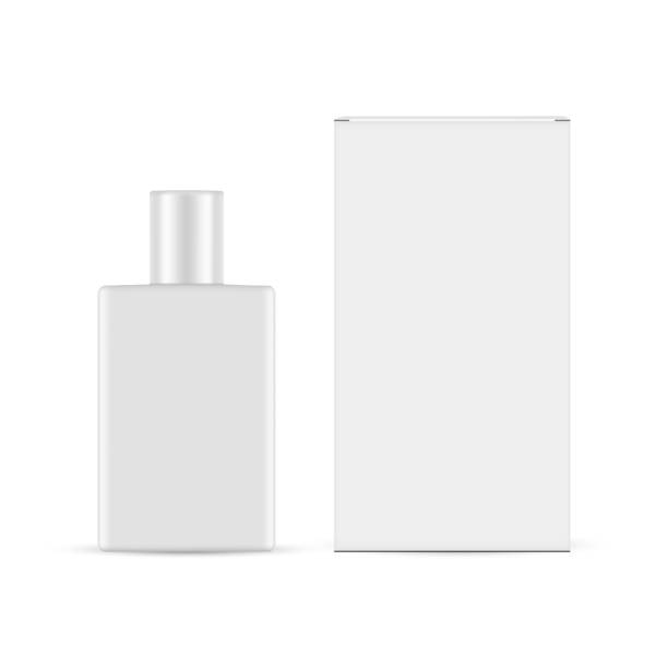 Blank Rectangular Perfume Bottle With Paper Packaging Box Blank Rectangular Perfume Bottle With Paper Packaging Box, Front View, Isolated On White Background. Vector Illustration medicine bottle top view stock illustrations
