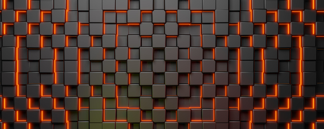 3D background with dark grey cubes outlined by bright orange neon lights. depth and modern, tech-inspired aesthetic. presentations, digital art, and design projects. 3d illustration